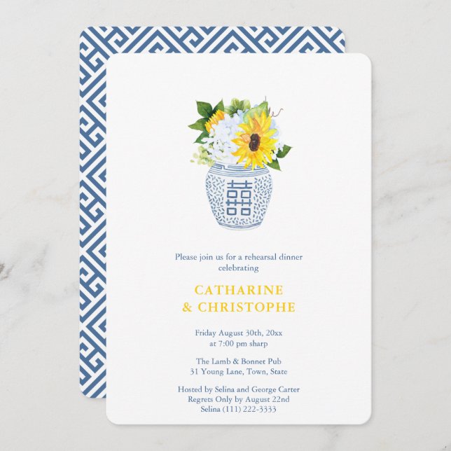 Sunflowers Navy Blue And Yellow Rehearsal Dinner Invitation (Front/Back)