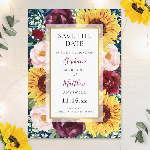 Sunflowers Navy Blue Burgundy Gold Wedding Save The Date