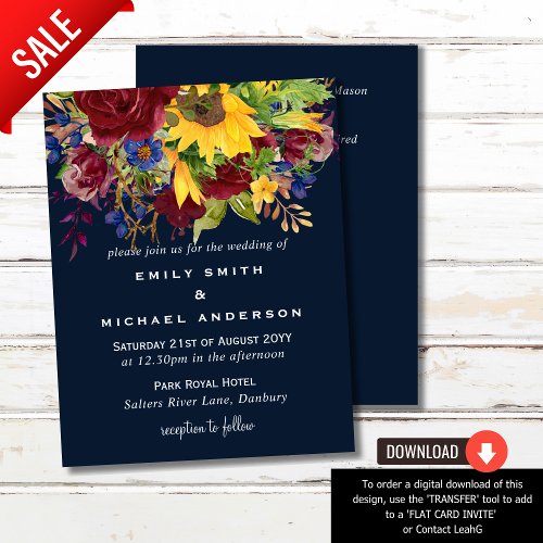 Sunflowers Navy Blue Burgundy Roses Wedding Invite