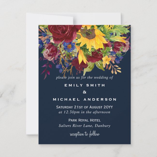 Sunflowers Navy Blue Burgundy Roses Wedding Invite