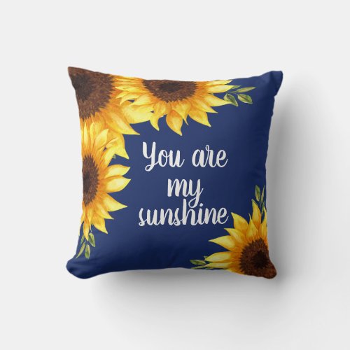 Sunflowers Navy Blue Chic You Are My Sunshine Throw Pillow