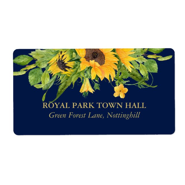 Sunflowers Navy Blue Country Floral Wedding Invite Label (Front)