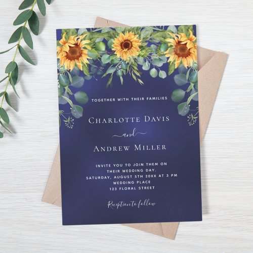 Sunflowers navy blue eucalyptus greenery invitation