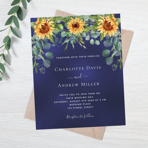Sunflowers navy blue eucalyptus invitation