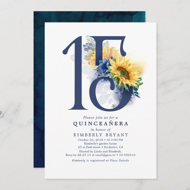 Sunflowers Navy Blue Floral Elegant Quinceanera Invitation (Front/Back)