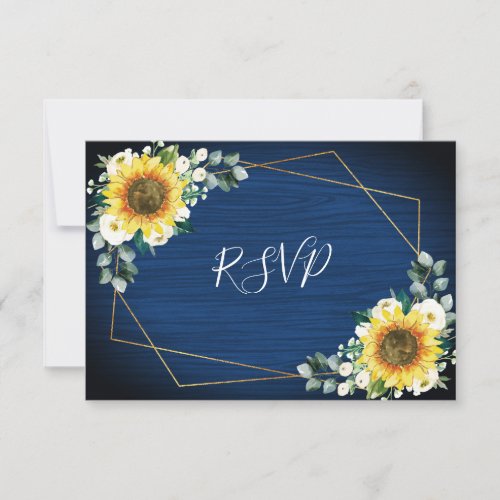 Sunflowers Navy Blue Floral Geometric Wedding RSVP Card