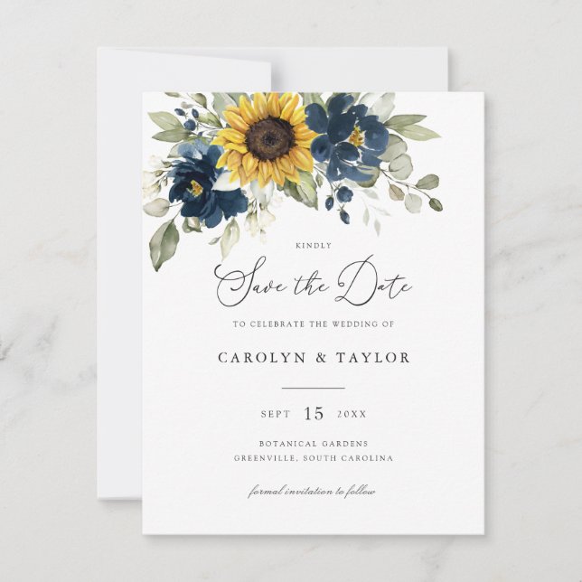 Sunflowers Navy Blue Floral Greenery Wedding Invitation (Front)