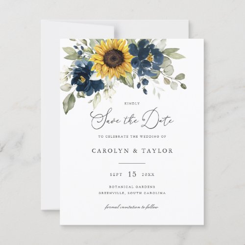 Sunflowers Navy Blue Floral Greenery Wedding Invitation