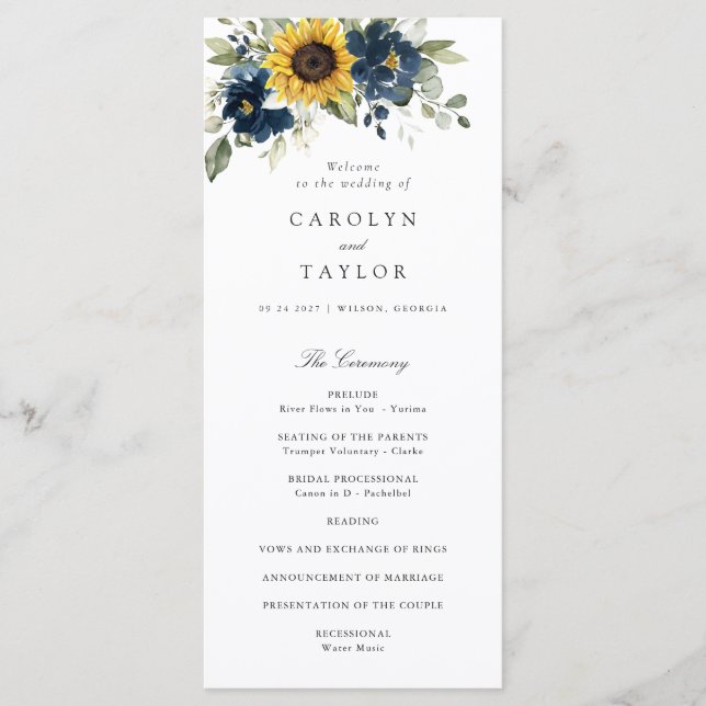 Sunflowers Navy Blue Floral Greenery Wedding Program (Front)