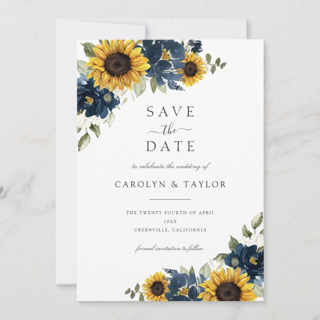 Sunflowers Navy Blue Floral Rustic Save The Date Invitation (Front)