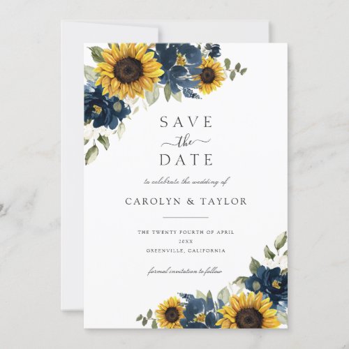 Sunflowers Navy Blue Floral Rustic Save The Date Invitation