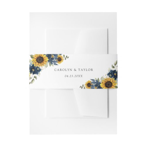 Sunflowers Navy Blue Floral Rustic Wedding Invitation Belly Band