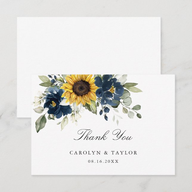 Sunflowers Navy Blue Floral Rustic Wedding Thank You Card (Front/Back)
