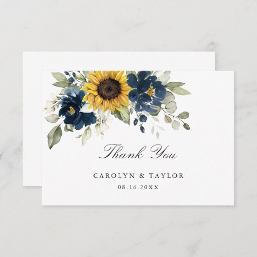 Sunflowers Navy Blue Floral Rustic Wedding Thank You Card