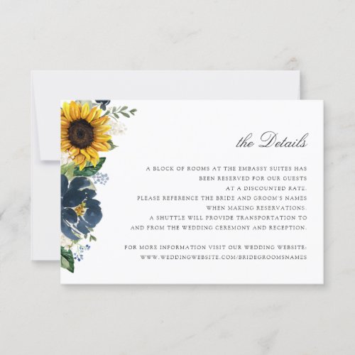 Sunflowers Navy Blue Floral Wedding Details Card