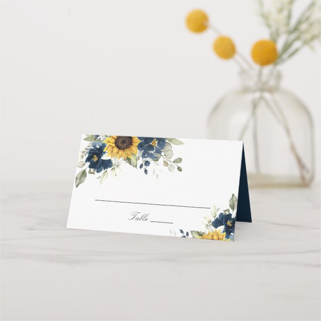 Sunflowers Navy Blue Floral Wedding Place Card (Front)