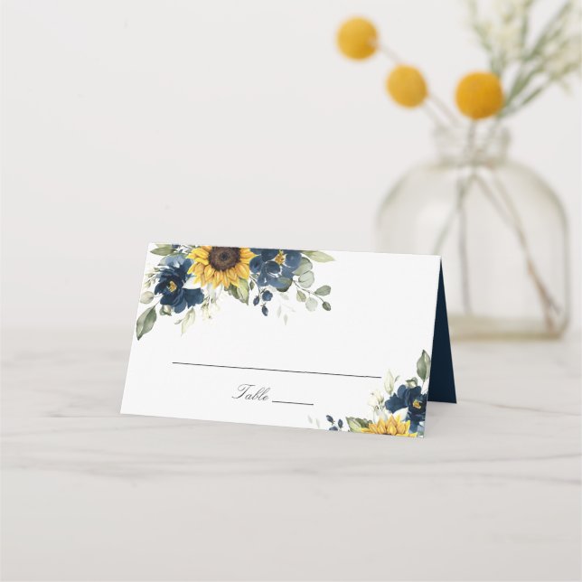 Sunflowers Navy Blue Floral Wedding Place Card (Front)