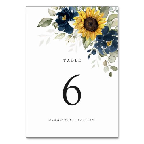 Sunflowers Navy Blue Floral Wedding Table Number