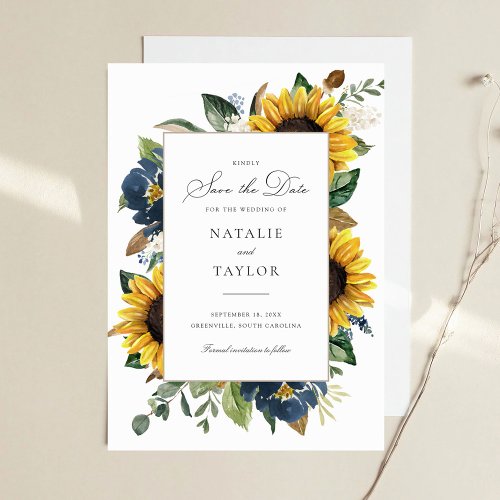 Sunflowers Navy Blue Flower Greenery Save the Date Invitation