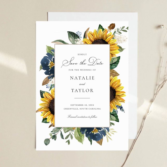 Sunflowers Navy Blue Flower Greenery Save the Date Invitation (Creator Uploaded)