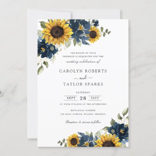 Sunflowers Navy Blue Flowers Greenery Wedding Invitation
