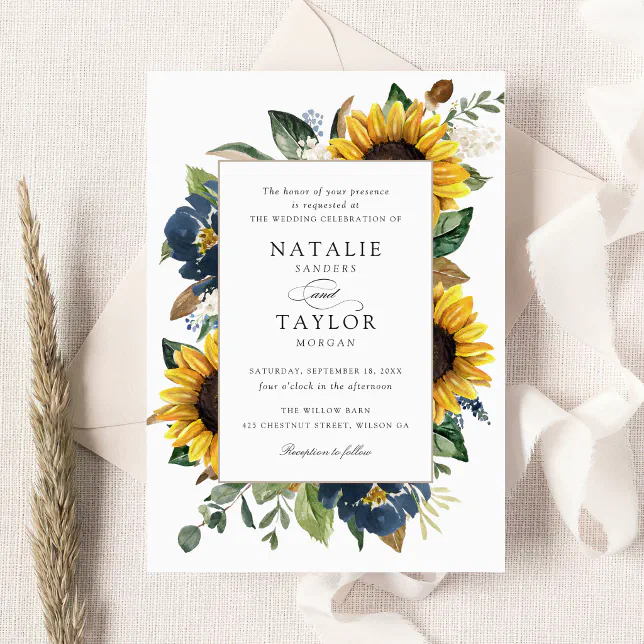 Sunflowers Navy Blue Flowers Greenery Wedding Invitation | Zazzle