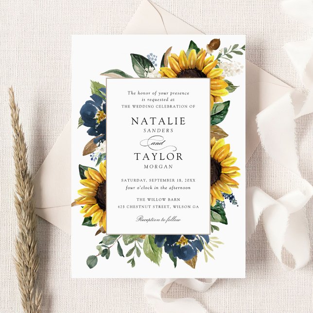 Sunflowers Navy Blue Flowers Greenery Wedding  Invitation (Creator Uploaded)