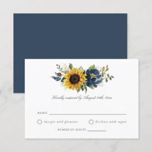 Sunflowers Navy Blue Flowers Rustic Wedding RSVP Invitation