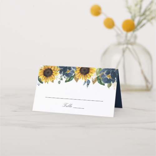 Sunflowers Navy Blue Flowers Wedding Place Card