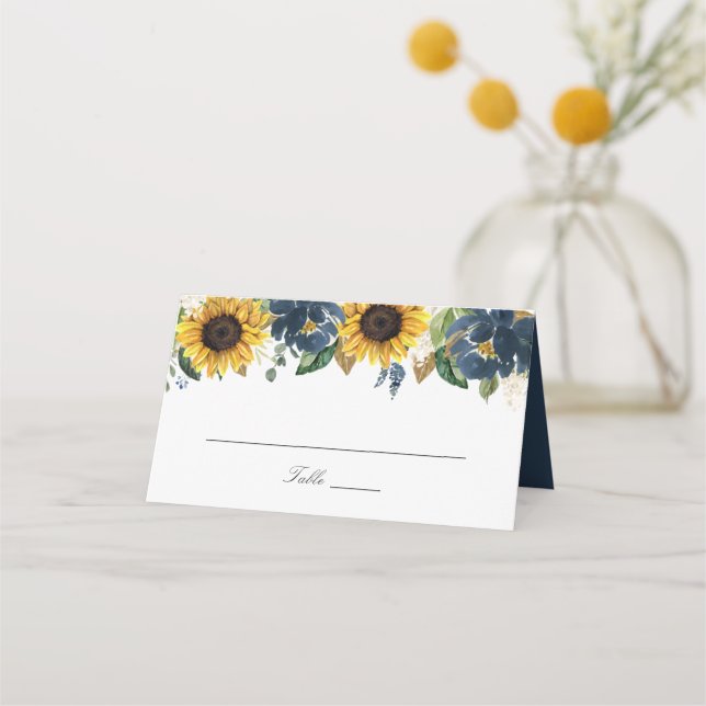 Sunflowers Navy Blue Flowers Wedding Place Card (Front)
