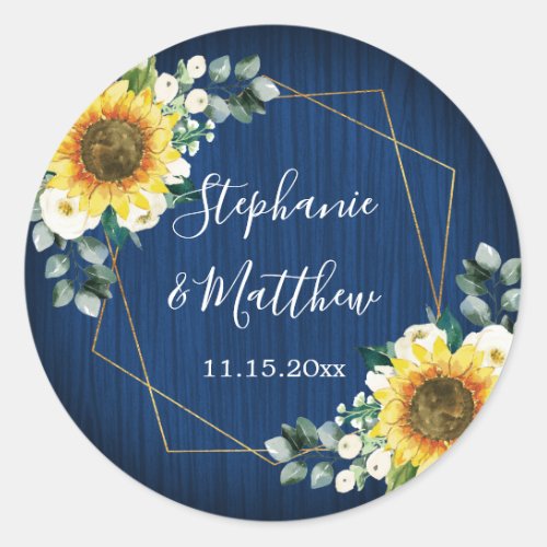 Sunflowers Navy Blue Geometric Wedding Classic Round Sticker