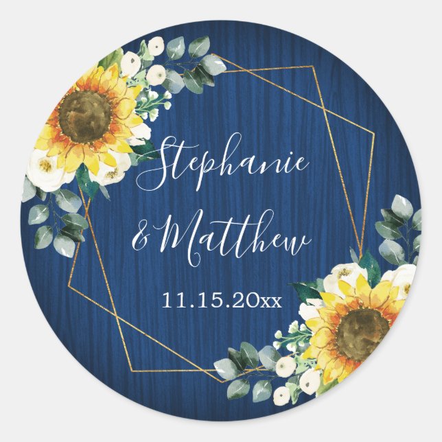 Sunflowers Navy Blue Geometric Wedding Classic Round Sticker (Front)