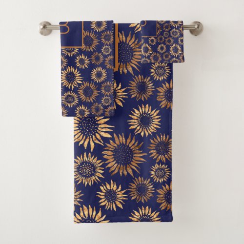 Sunflowers navy blue gold monogram initial bath towel set