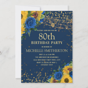 Sunflowers Navy Blue Gold String Lights 80th Invitation