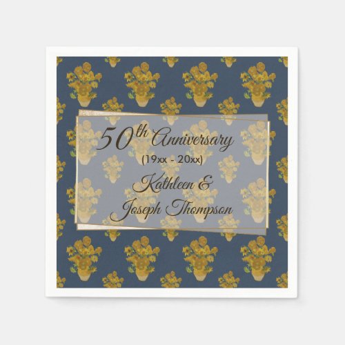 Sunflowers Navy Blue Gold Wedding Anniversary Napkins