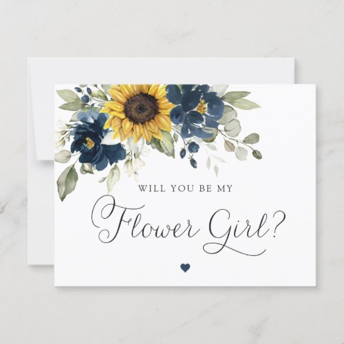 Sunflowers Navy Blue Greenery Flower Girl Wedding Invitation