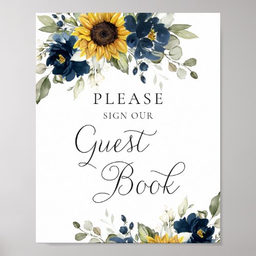 Sunflowers Navy Blue Greenery Wedding Guest Book