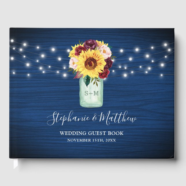 Sunflowers Navy Blue Mason Jar Lights Wedding Guest Book (Front)