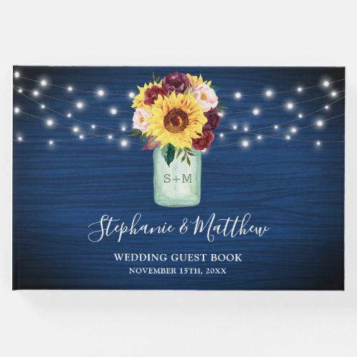 Sunflowers Navy Blue Mason Jar Lights Wedding Guest Book
