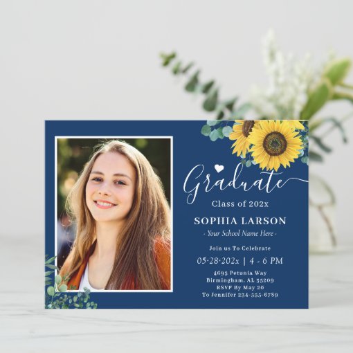 Sunflowers Navy Blue Photo Graduation Celebration Invitation | Zazzle