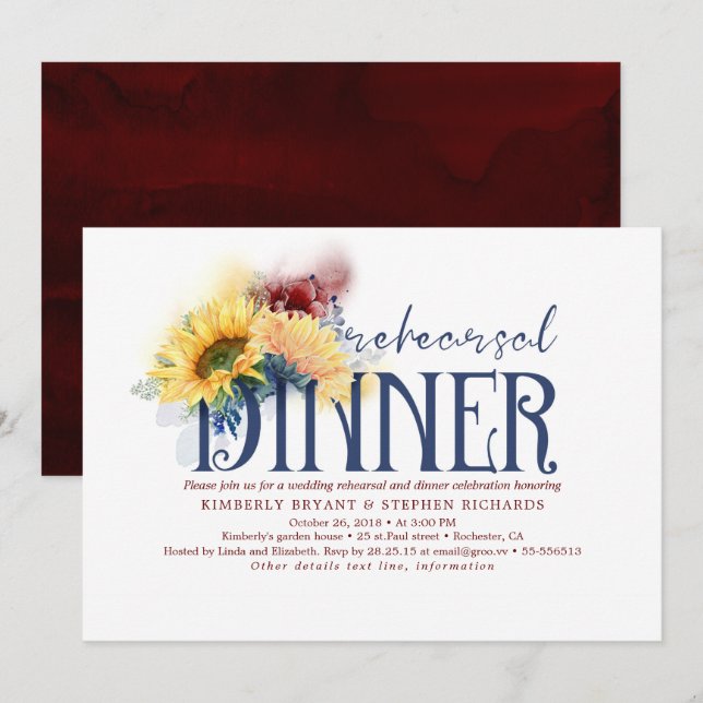 Sunflowers Navy Blue Red Fall Rehearsal Dinner Invitation (Front/Back)
