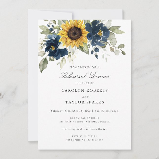 Sunflowers Navy Blue Rehearsal Dinner Wedding Invitation (Front)