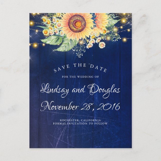 Sunflowers Navy Blue Rustic Country Save the Date Announcement Postcard (Front)