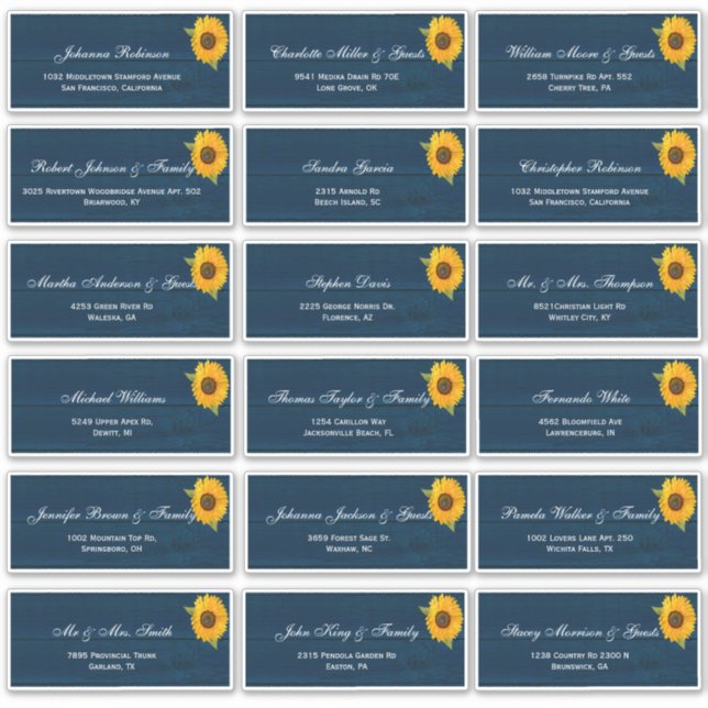 Sunflowers Navy Blue Rustic Wedding Guest Names St Sticker (Front)