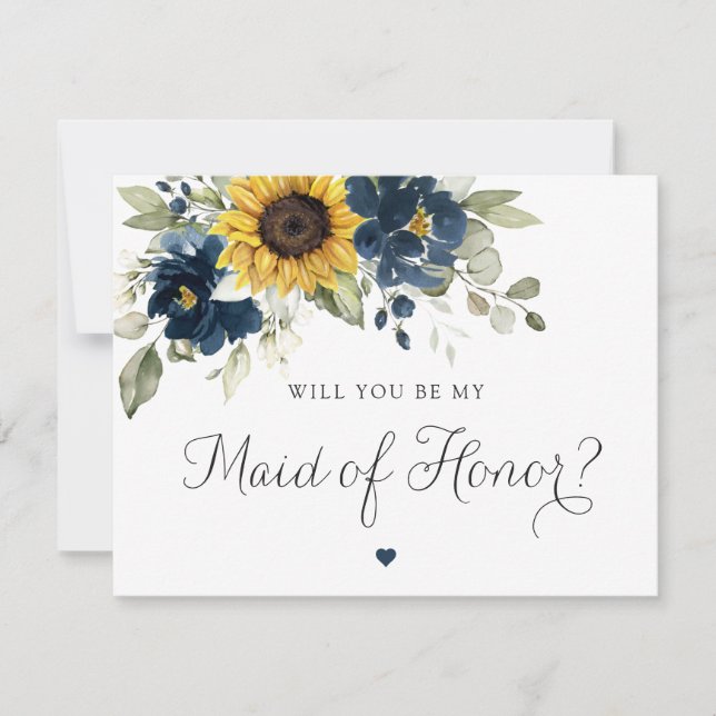 Sunflowers Navy Blue Wedding Maid of Honor Card (Front)