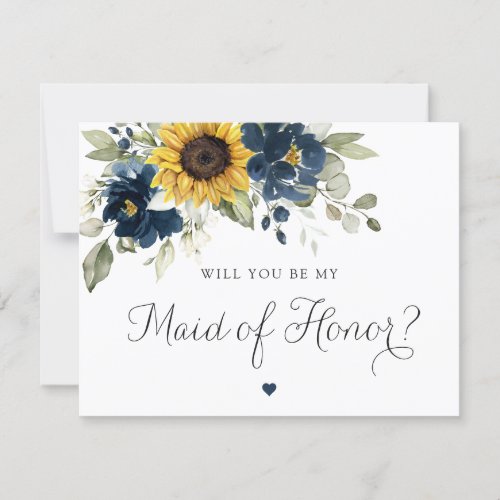 Sunflowers Navy Blue Wedding Maid of Honor Card