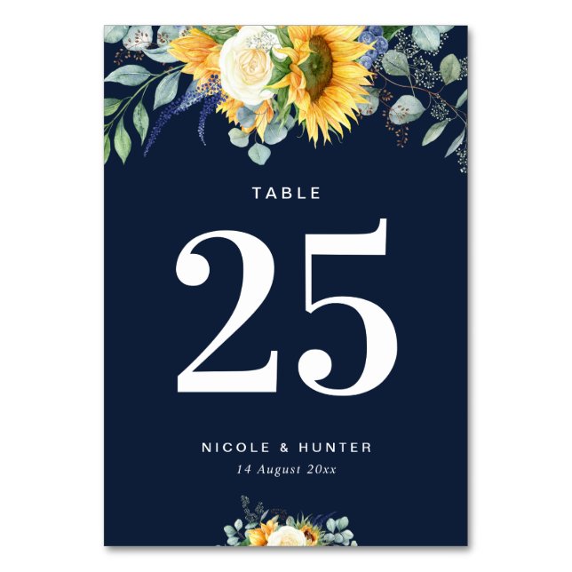 sunflowers navy blue wedding Table number (Front)