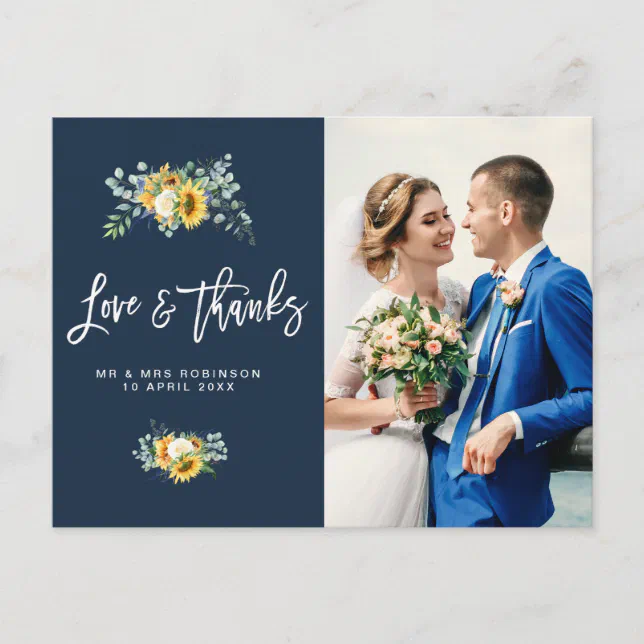 sunflowers navy blue wedding thank you photo card | Zazzle