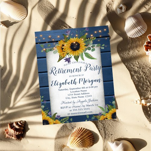  Sunflowers Navy Blue Wood Retirement Invitation