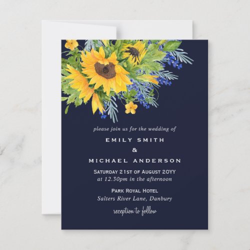 Sunflowers Navy Blue Yellow Wedding Invtiations Holiday Card